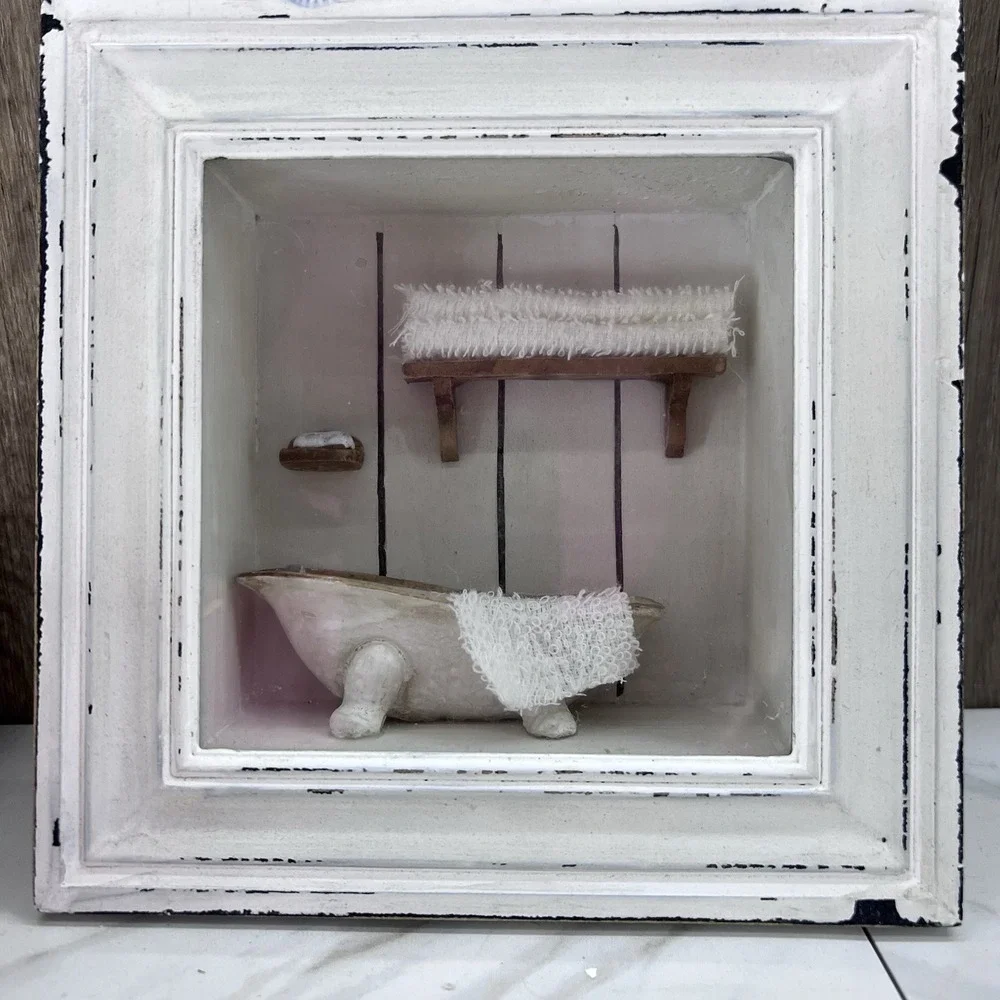 Set of 2 Vintage Wooden Whitewashed 3D Home Décor Bathtub Bathroom Dioramas 6.5